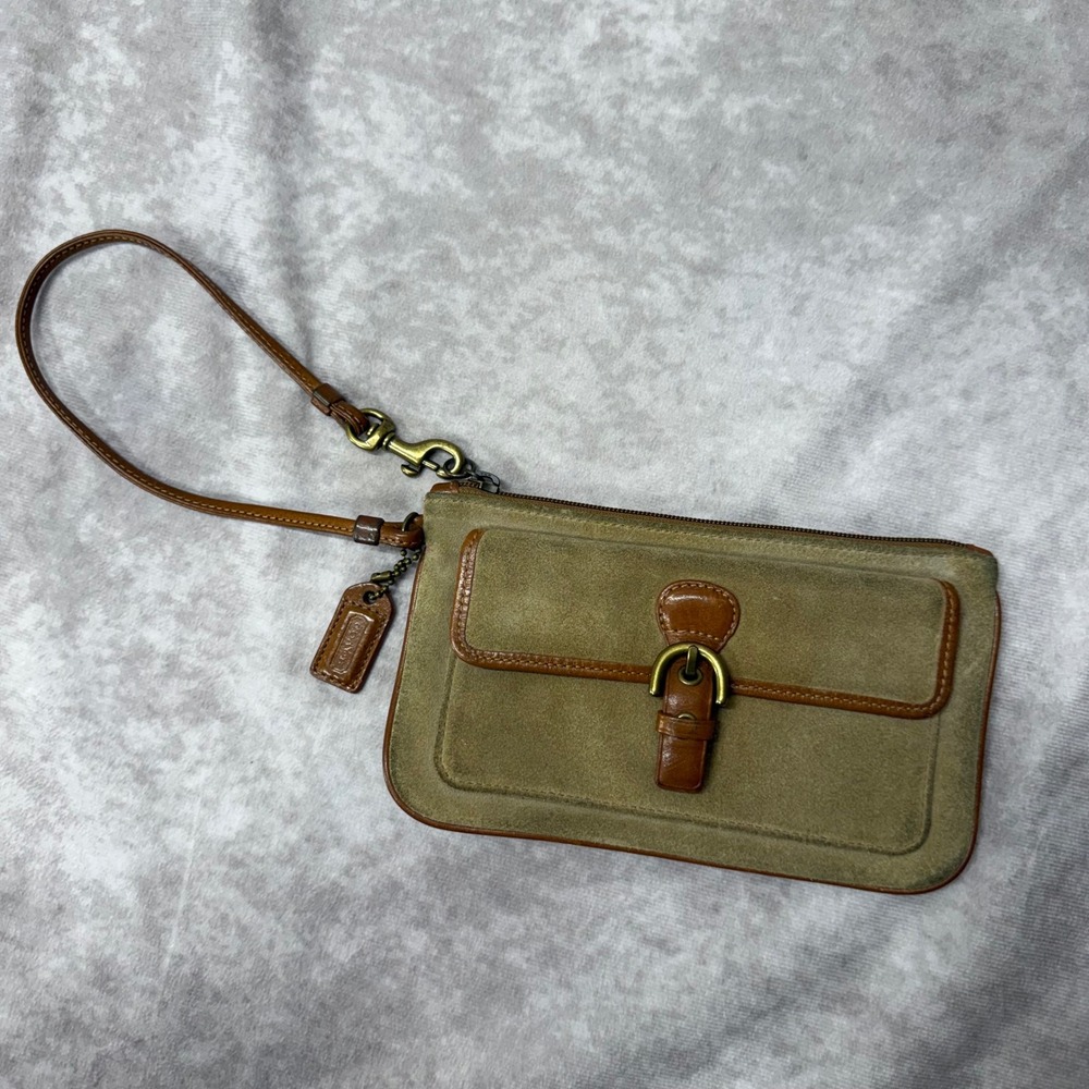 Coach Suede Leather Wristlet Olive Green Tan Buckle Detail Zip Pouch Bag